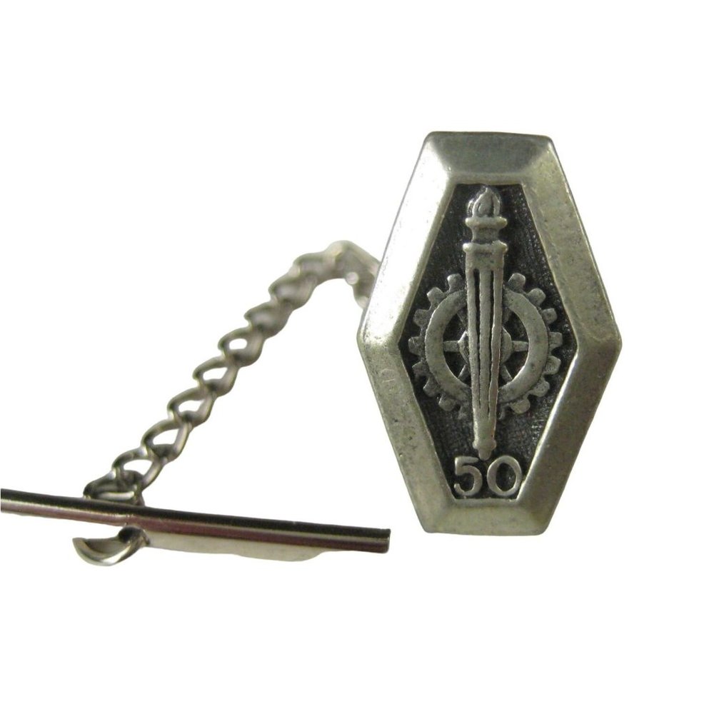 50 Torch Flame Tie Clip Silvertone Vintage .6 inches Chain